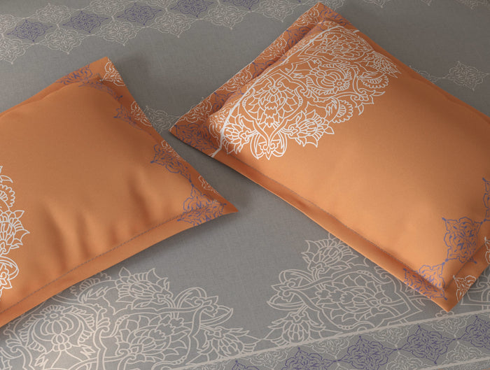 Spaces Fiora Vapur Blue Ornate 100% Cotton Large Bedsheet with 2 Pillow Covers - 108 x 108 Inches