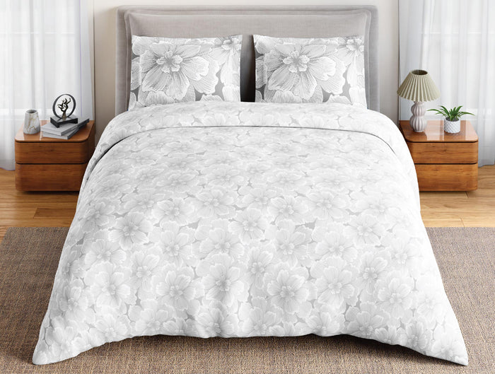 Spaces Flora 100% Cotton 144 TC Percale Floral Double Bedsheet with 2 Pillow Covers, Light Grey