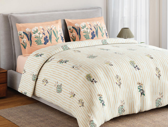 Spaces Flora 100% Cotton 144 TC Percale Floral Double Bedsheet with 2 Pillow Covers, Beige