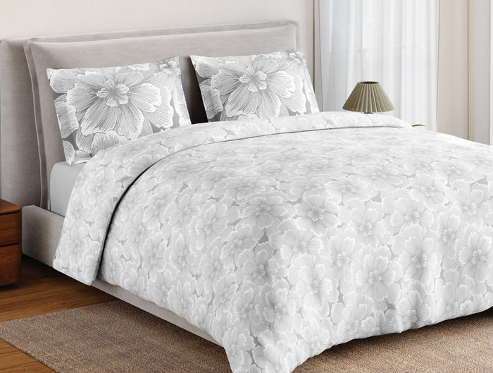 Spaces Flora 100% Cotton 144 TC Percale Floral Double Bedsheet with 2 Pillow Covers, Light Grey