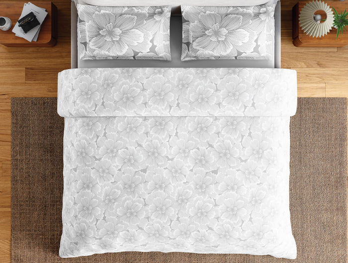 Spaces Flora 100% Cotton 144 TC Percale Floral Double Bedsheet with 2 Pillow Covers, Light Grey