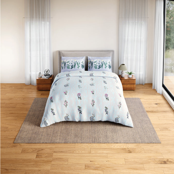 Spaces Flora 100% Cotton 144 TC Percale Floral Fitted King Sheet with 2 Pillow Covers, Light Blue