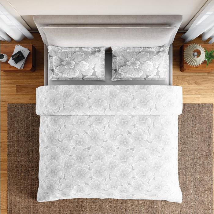 Spaces Flora 100% Cotton 144 TC Percale Floral Fitted King Sheet with 2 Pillow Covers, Light Grey