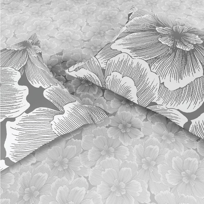 Spaces Flora 100% Cotton 144 TC Percale Floral Fitted King Sheet with 2 Pillow Covers, Light Grey