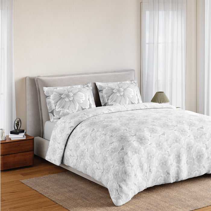 Spaces Flora 100% Cotton 144 TC Percale Floral Fitted Queen Sheet with 2 Pillow Covers, Light Grey