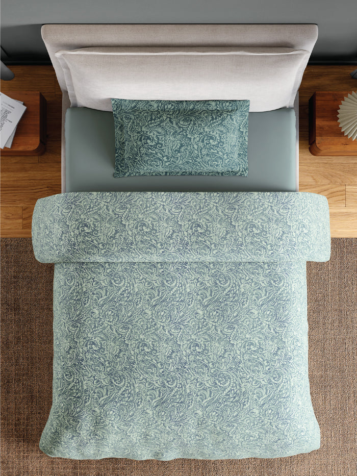 Spaces Flora 100% Cotton 144 TC Percale Floral Single Bedsheet with 1 Pillow Cover, Ice