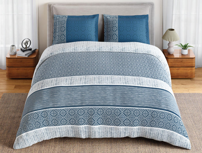 Spaces Flora 100% Cotton 144 TC Percale Geometric Double Bedsheet with 2 Pillow Covers, Dark Blue