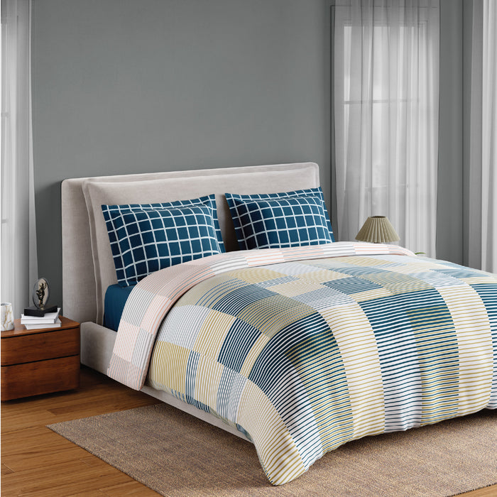 Spaces Flora 100% Cotton 144 TC Percale Geometric Fitted King Sheet with 2 Pillow Covers, Light Yellow