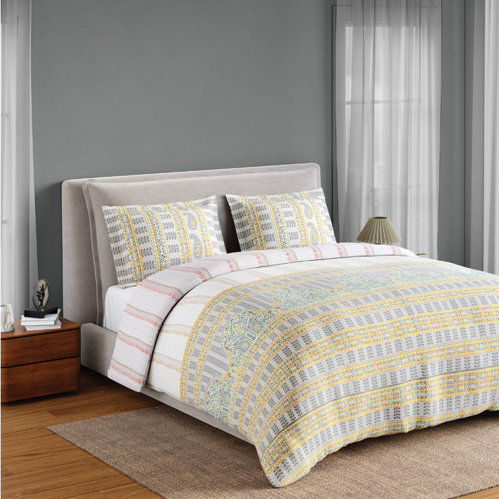 Spaces Flora 100% Cotton 144 TC Percale Ornate Fitted King Sheet with 2 Pillow Covers, Light Grey