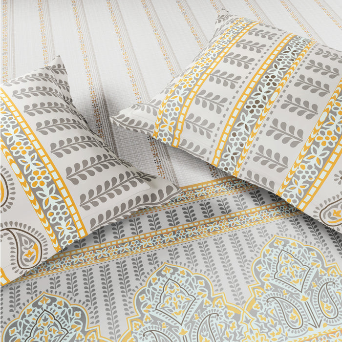 Spaces Flora 100% Cotton 144 TC Percale Ornate Fitted King Sheet with 2 Pillow Covers, Light Grey