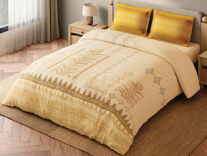 Spaces Godna Beige Ornate 100% Cotton 300 TC Large Bedsheet with 2 Pillow Covers - 108 x 108 Inches