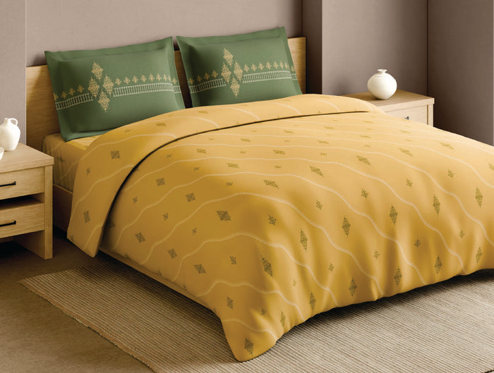 Spaces Godna Yellow Ornate 100% Cotton 210 TC Large Bedsheet with 2 Pillow Covers - 108 x 108 Inches