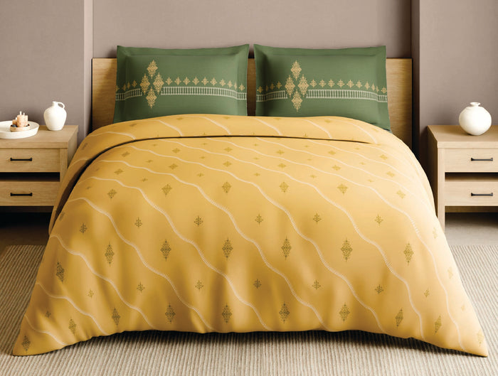 Spaces Godna Yellow Ornate 100% Cotton 210 TC Large Bedsheet with 2 Pillow Covers - 108 x 108 Inches