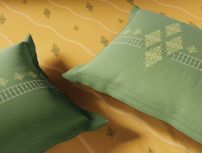 Spaces Godna Yellow Ornate 100% Cotton 210 TC Large Bedsheet with 2 Pillow Covers - 108 x 108 Inches