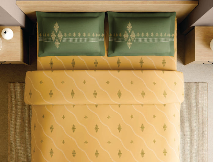 Spaces Godna Yellow Ornate 100% Cotton 210 TC Large Bedsheet with 2 Pillow Covers - 108 x 108 Inches