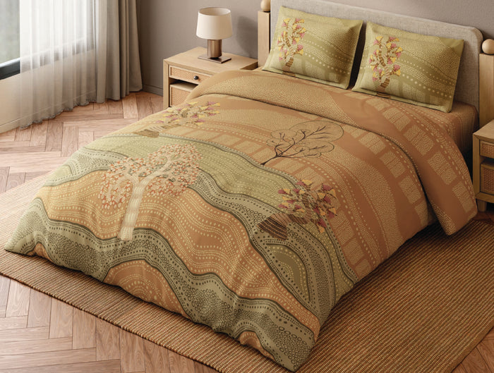 Spaces Gond Coral Abstract 100% Cotton 300 TC Large Bedsheet with 2 Pillow Covers - 108 x 108 Inches