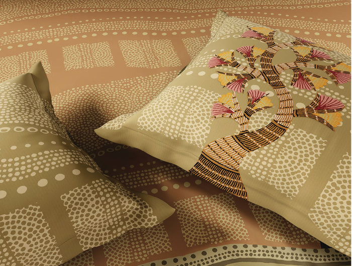 Spaces Gond Coral Abstract 100% Cotton 300 TC Large Bedsheet with 2 Pillow Covers - 108 x 108 Inches