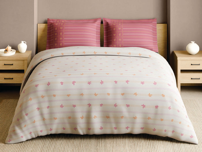 Spaces Gond Cream Geometric 100% Cotton 210 TC Large Bedsheet with 2 Pillow Covers - 108 x 108 Inches