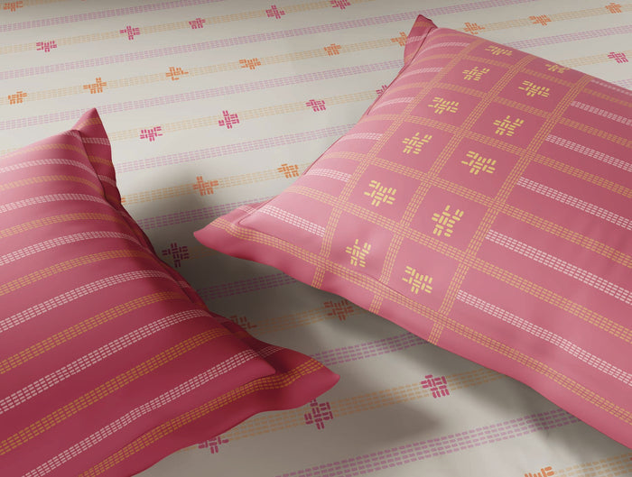 Spaces Gond Cream Geometric 100% Cotton 210 TC Large Bedsheet with 2 Pillow Covers - 108 x 108 Inches