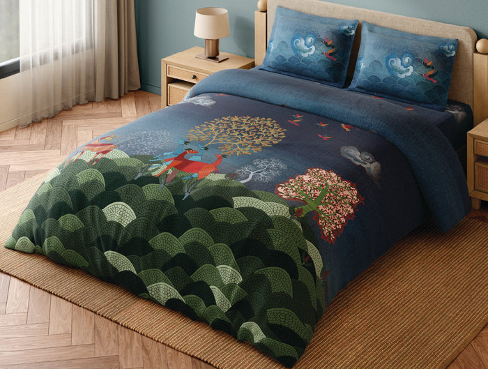 Spaces Gond Dark Blue Abstract 100% Cotton 300 TC Large Bedsheet with 2 Pillow Covers - 108 x 108 Inches