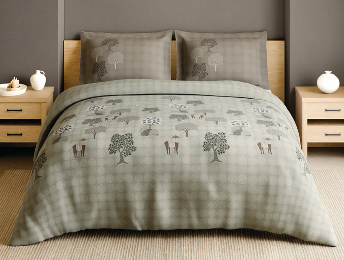Spaces Gond Light Grey Abstract 100% Cotton 210 TC Large Bedsheet with 2 Pillow Covers - 108 x 108 Inches
