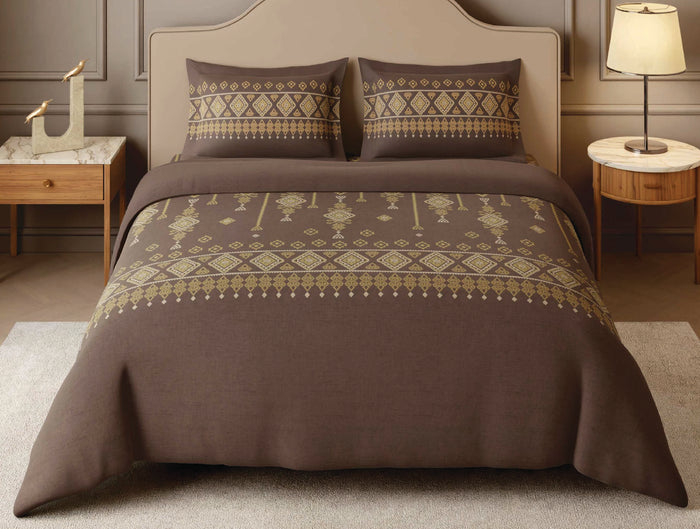 Spaces Jamdhani Dark Brown Ornate 100% Cotton 210 TC Large Bedsheet with 2 Pillow Covers - 108 x 108 Inches