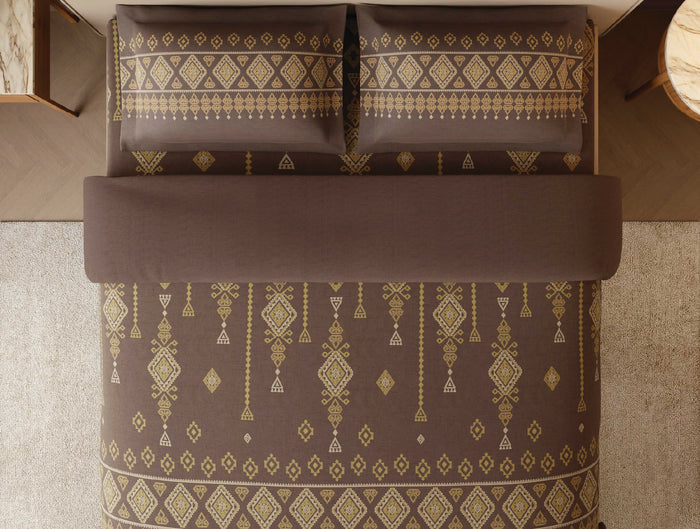 Spaces Jamdhani Dark Brown Ornate 100% Cotton 210 TC Large Bedsheet with 2 Pillow Covers - 108 x 108 Inches