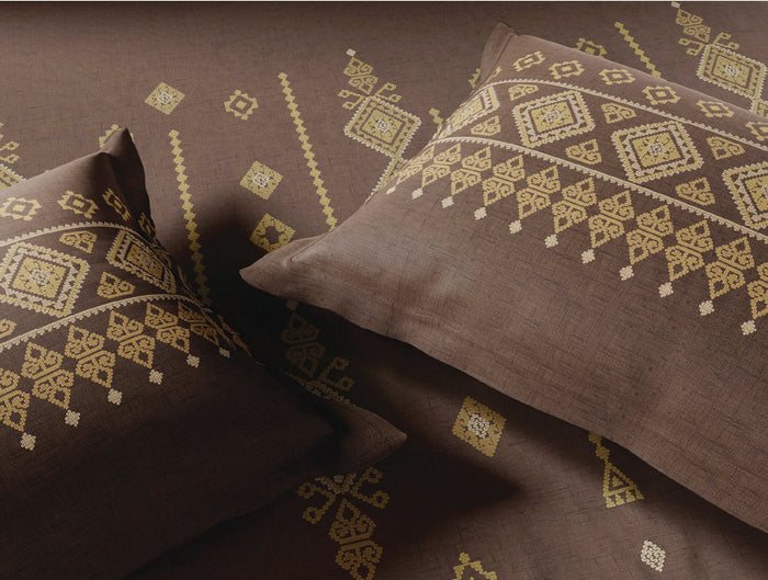 Spaces Jamdhani Dark Brown Ornate 100% Cotton 210 TC Large Bedsheet with 2 Pillow Covers - 108 x 108 Inches
