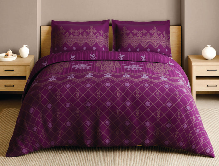 Spaces Kasuti Dark Pink Ornate 100% Cotton 210 TC Large Bedsheet with 2 Pillow Covers - 108 x 108 Inches