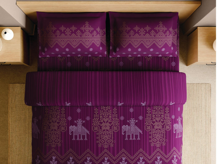 Spaces Kasuti Dark Pink Ornate 100% Cotton 210 TC Large Bedsheet with 2 Pillow Covers - 108 x 108 Inches