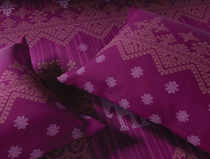 Spaces Kasuti Dark Pink Ornate 100% Cotton 210 TC Large Bedsheet with 2 Pillow Covers - 108 x 108 Inches