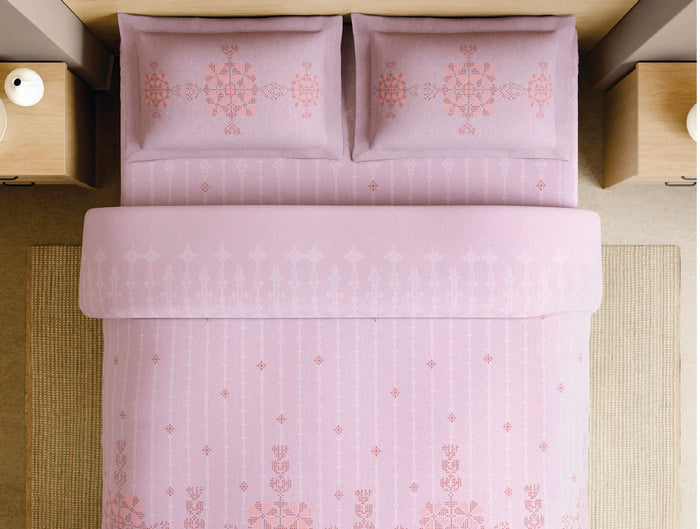 Spaces Kasuti Light Pink Geometric 100% Cotton 210 TC Large Bedsheet with 2 Pillow Covers - 108 x 108 Inches