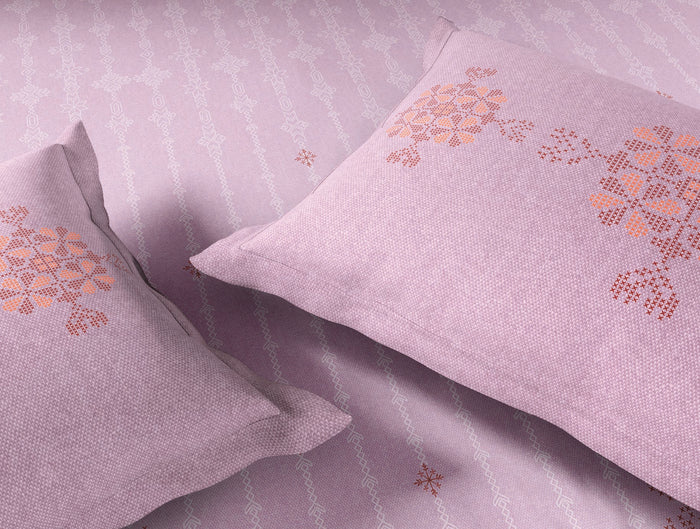Spaces Kasuti Light Pink Geometric 100% Cotton 210 TC Large Bedsheet with 2 Pillow Covers - 108 x 108 Inches