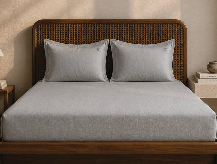 Spaces Linen Grey Solid 100% Linen 130 TC Large Bedsheet with 2 Pillow Covers - 108 x 108 Inches