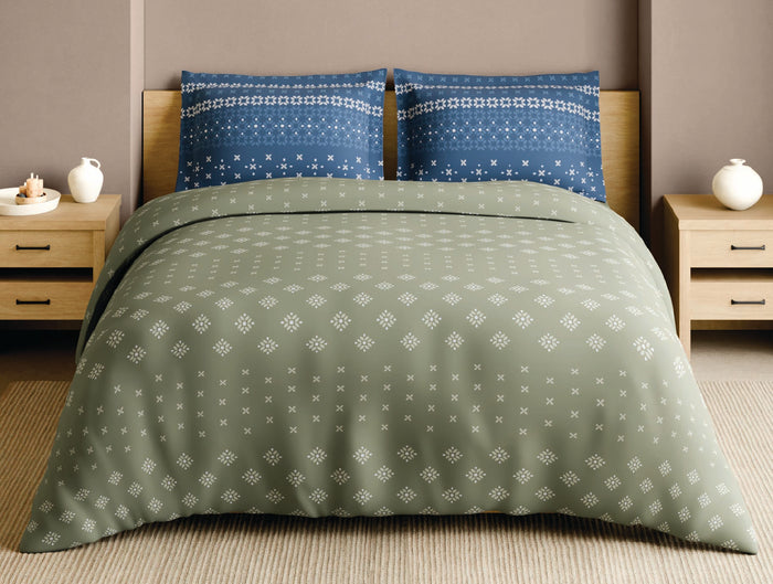 Spaces Lippan Light Green Ornate 100% Cotton 210 TC Large Bedsheet with 2 Pillow Covers - 108 x 108 Inches