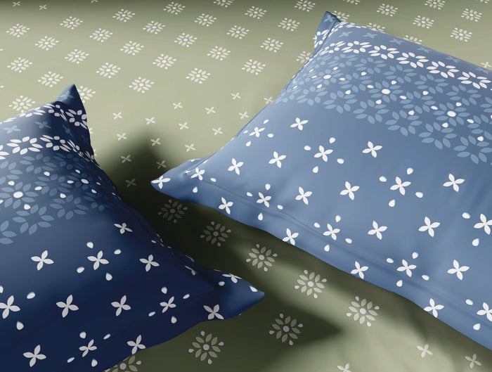 Spaces Lippan Light Green Ornate 100% Cotton 210 TC Large Bedsheet with 2 Pillow Covers - 108 x 108 Inches
