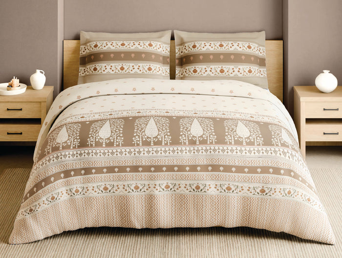 Spaces Marble Inlay Cream Floral 100% Cotton 210 TC Large Bedsheet with 2 Pillow Covers - 108 x 108 Inches