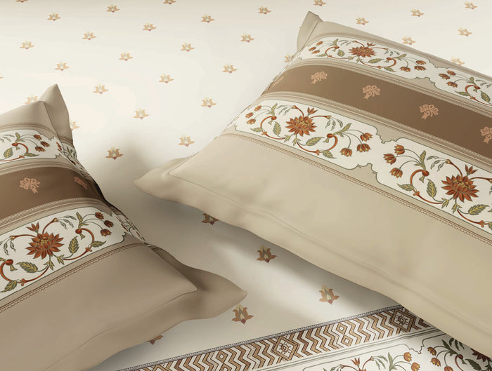 Spaces Marble Inlay Cream Floral 100% Cotton 210 TC Large Bedsheet with 2 Pillow Covers - 108 x 108 Inches