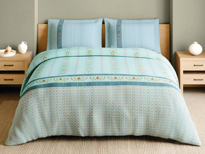 Spaces Marble Inlay Light Blue Floral 100% Cotton 210 TC Large Bedsheet with 2 Pillow Covers - 108 x 108 Inches