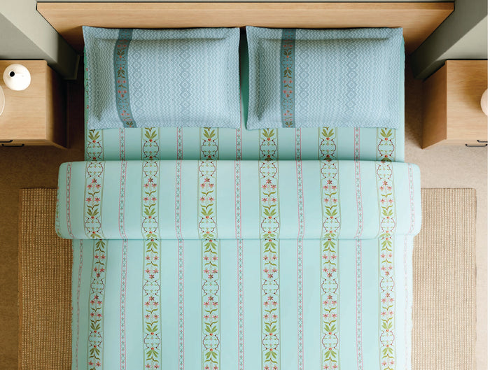 Spaces Marble Inlay Light Blue Floral 100% Cotton 210 TC Large Bedsheet with 2 Pillow Covers - 108 x 108 Inches