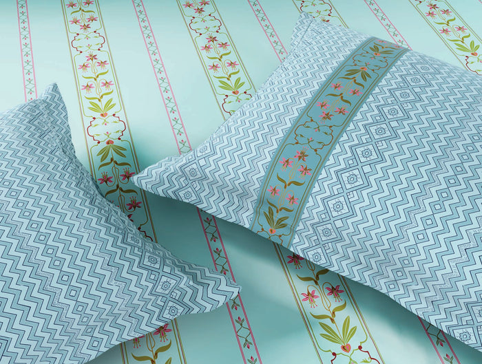 Spaces Marble Inlay Light Blue Floral 100% Cotton 210 TC Large Bedsheet with 2 Pillow Covers - 108 x 108 Inches