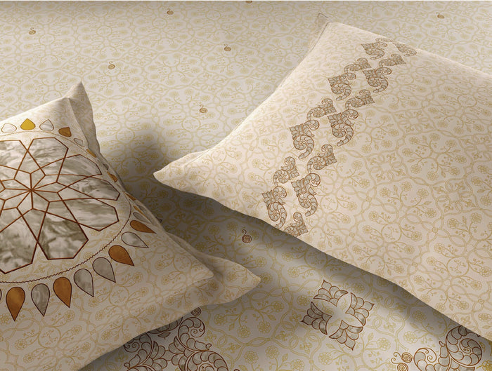 Spaces Marble Inlay Light Yellow Ornate 100% Cotton 210 TC Large Bedsheet with 2 Pillow Covers - 108 x 108 Inches