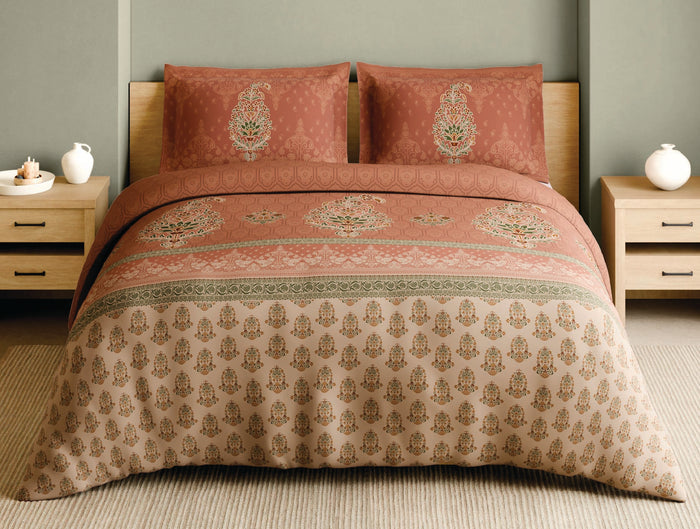 Spaces Meenakari Beige Floral 100% Cotton 210 TC Large Bedsheet with 2 Pillow Covers - 108 x 108 Inches