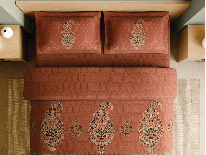 Spaces Meenakari Beige Floral 100% Cotton 210 TC Large Bedsheet with 2 Pillow Covers - 108 x 108 Inches
