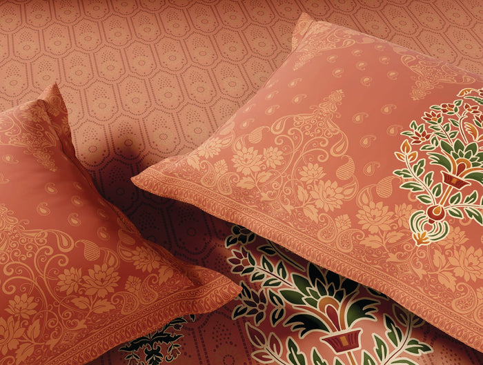 Spaces Meenakari Beige Floral 100% Cotton 210 TC Large Bedsheet with 2 Pillow Covers - 108 x 108 Inches