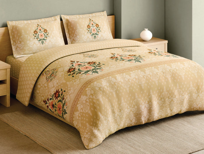 Spaces Meenakari Beige Floral 100% Cotton 210 TC Large Bedsheet with 2 Pillow Covers - 108 x 108 Inches