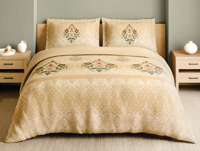 Spaces Meenakari Beige Floral 100% Cotton 210 TC Large Bedsheet with 2 Pillow Covers - 108 x 108 Inches
