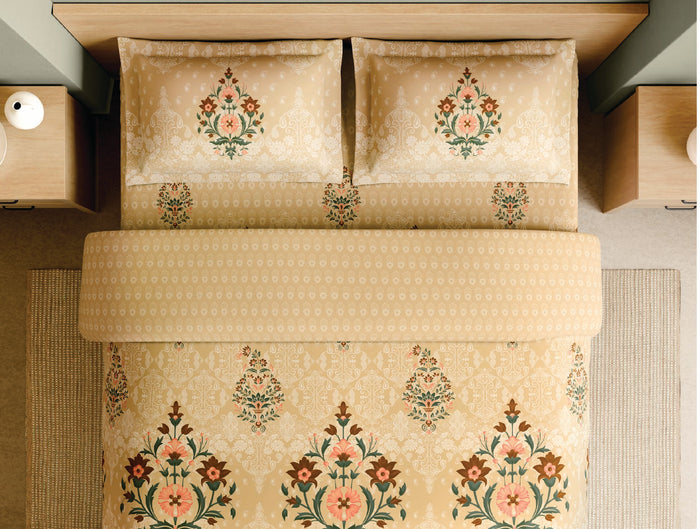 Spaces Meenakari Beige Floral 100% Cotton 210 TC Large Bedsheet with 2 Pillow Covers - 108 x 108 Inches