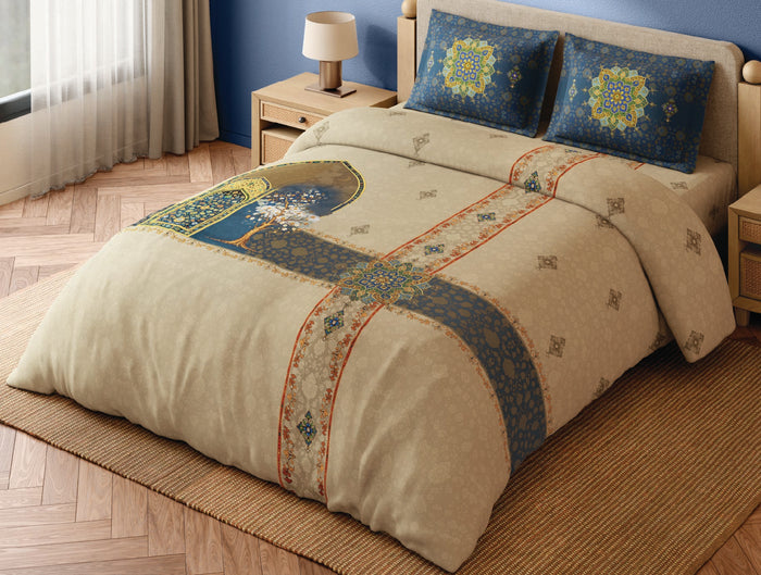 Spaces Meenakari Light Taupe Ornate 100% Cotton 300 TC Large Bedsheet with 2 Pillow Covers - 108 x 108 Inches