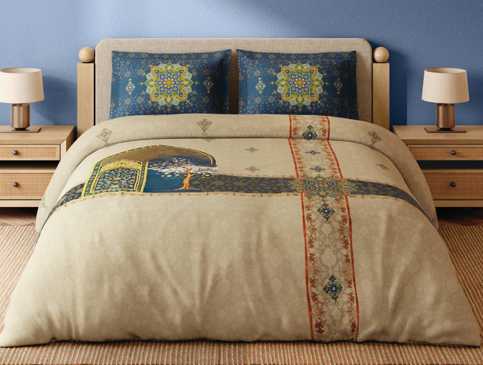Spaces Meenakari Light Taupe Ornate 100% Cotton 300 TC Large Bedsheet with 2 Pillow Covers - 108 x 108 Inches